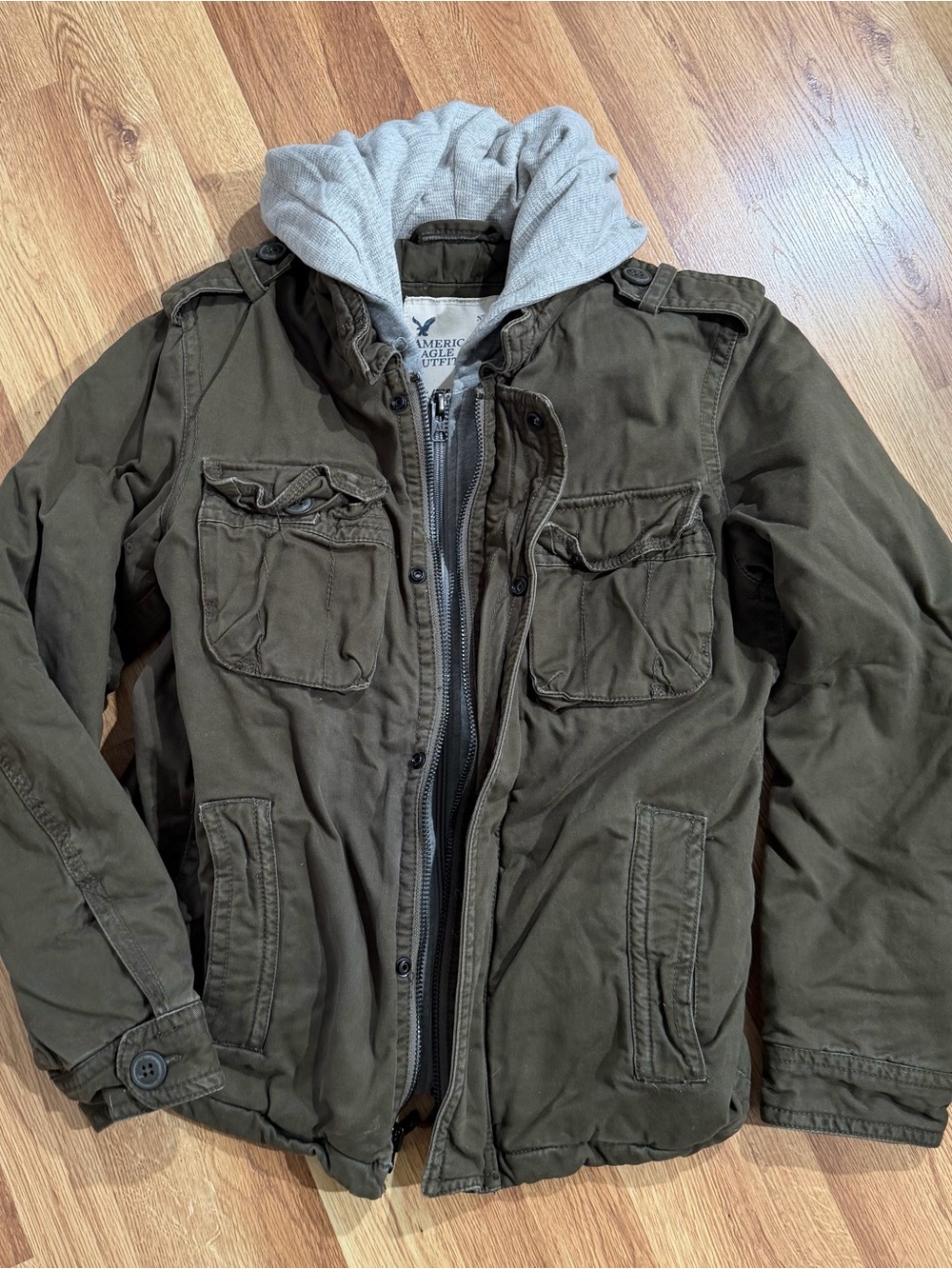 American Eagle Outfitters Olive Field Jacket with Gray Hood